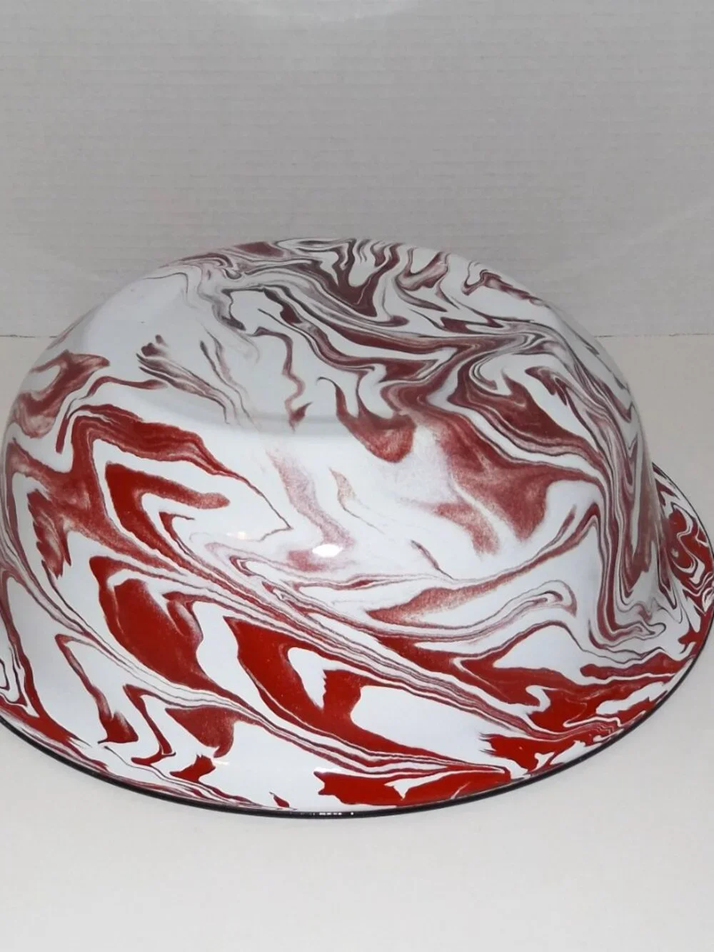 Vintage 12 ½” Red Swirl Enamelware Bowl Black Rim w/Rack Marks